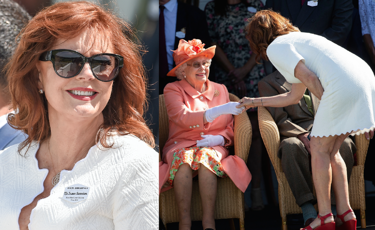 Like any of us would probably be, it looks like Susan Sarandon might've been so enamored by Queen Elizabeth that she forgot about the royal rule book when introducing herself to the royal at the Royal Windsor Cup polo match on June 24.