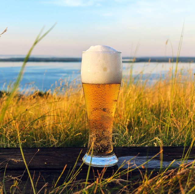 Glass of cold beer at sunset on the background of wheat field and blue sky. Summer landscape. Recreation and relax. Fresh brewed ale. Scenic sea view from top of hills.