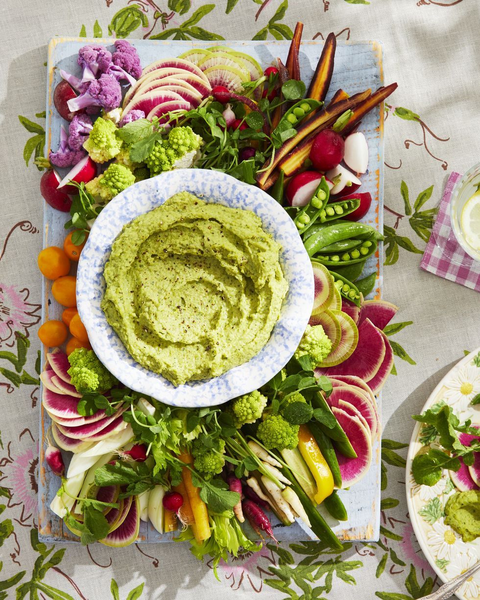spring crudités board with white bean and pea dip, a sustainable foods recipe