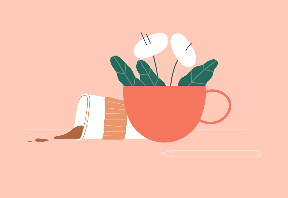 Cup, Coffee cup, Illustration, Teacup, Cup, Drinkware, Logo, Hand, Plant, Tulip, 