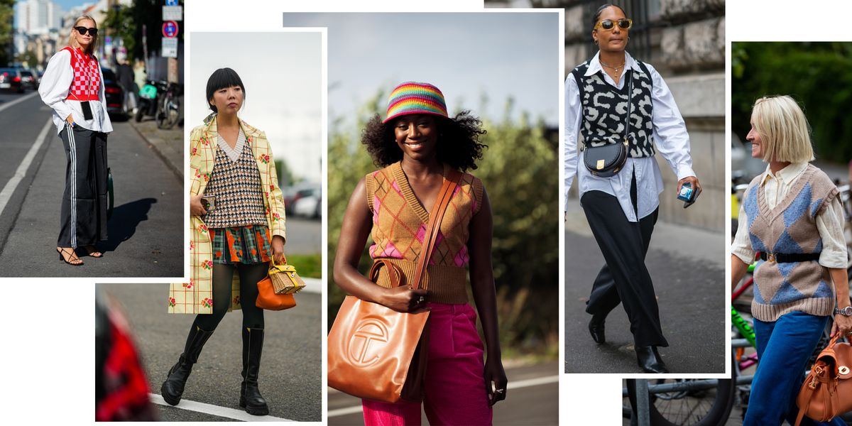 five women wear printed and solid sweater vests for women during fashion month