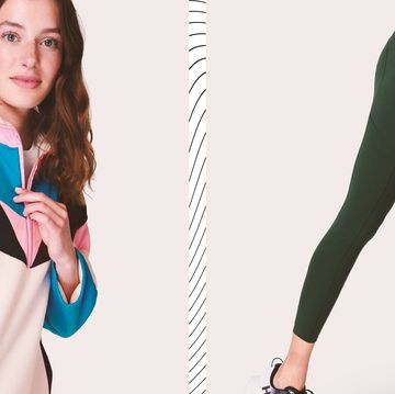 a cool colour block jacket and dark green leggings