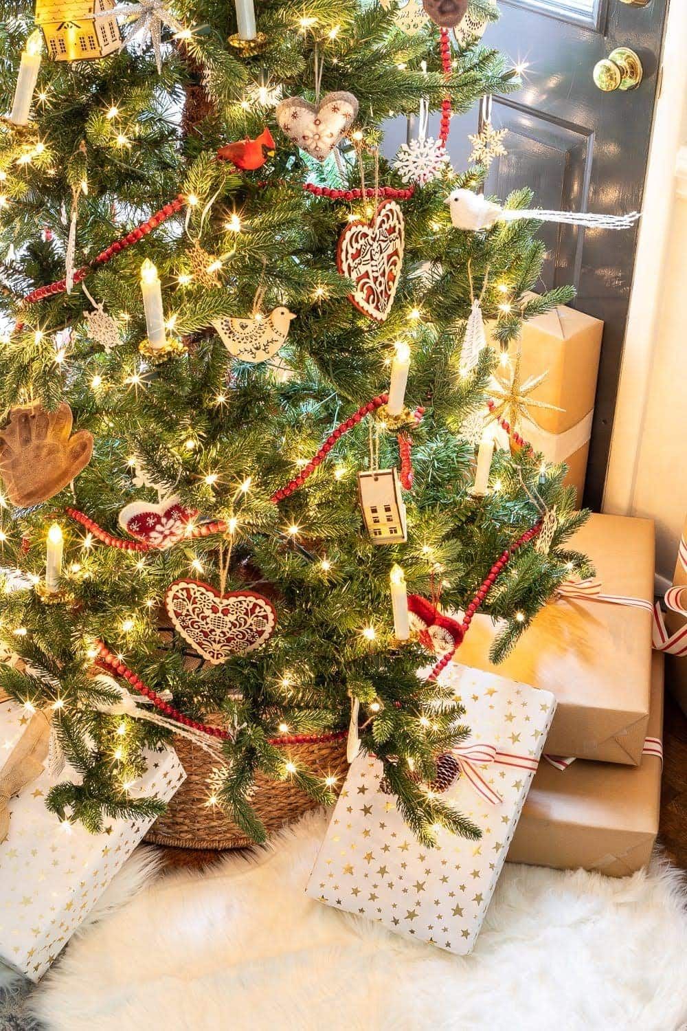 real christmas trees decorated with presents