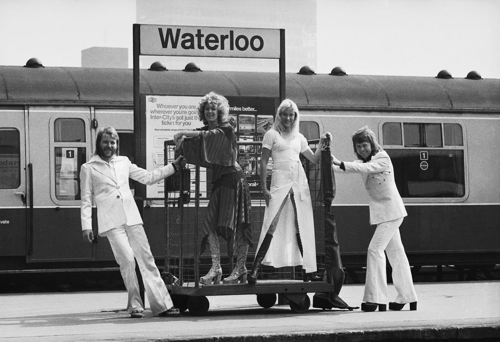 ABBA posing at Waterloo railway station.