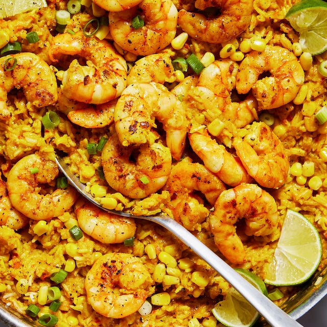 Sweet Corn Shrimp and Rice Skillet rice skillet topped with shrimp and sweet corn