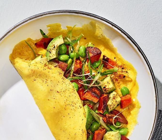 sweet potato edamame omelet with togarashi