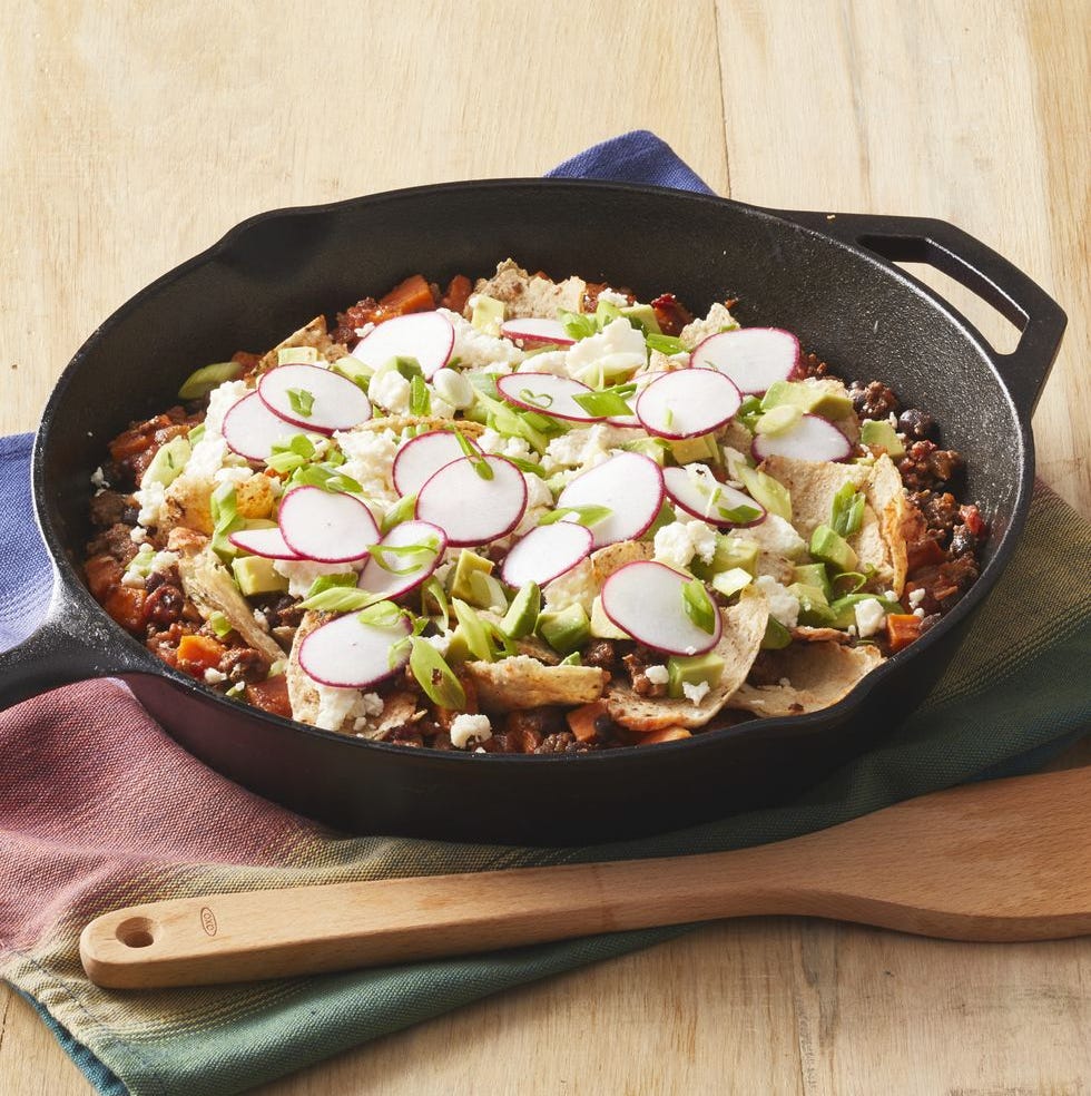 sweet potato recipes beef taco skillet with wooden spoon