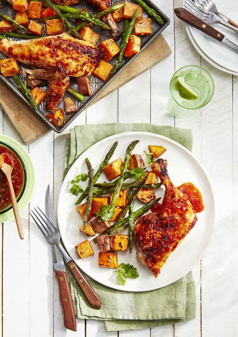 sweet and spicy chicken with roasted sweet potatoes and asparagus