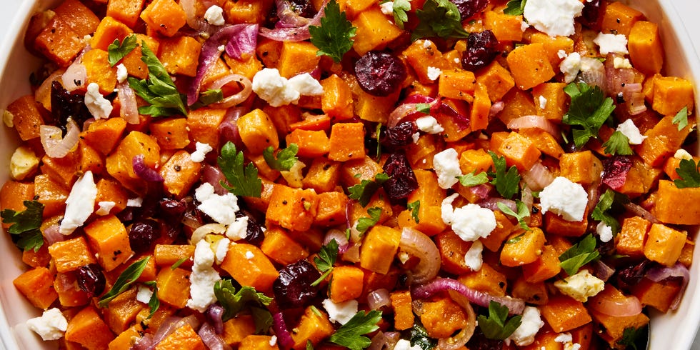 cubes of sweet potato with crumbled feta, red onion, dried cranberries, and parsley