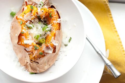 rosemary parmesan sweet potato on white plate