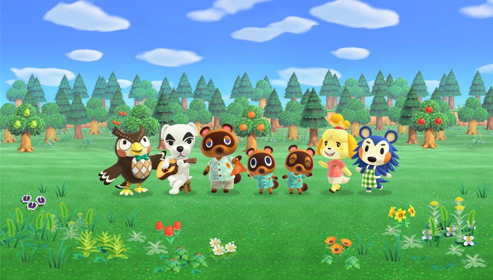 Classic Animal Crossing characters Blathers, K.K. Slider, Tom Nook, Timmy and Tommy, Isabelle, and Mabel.