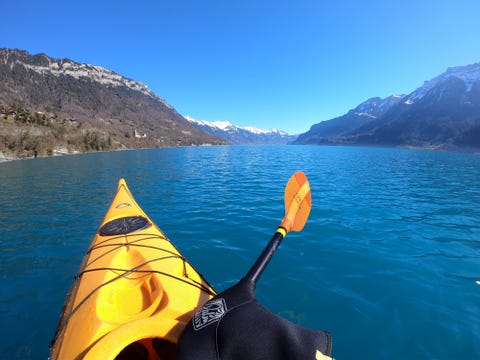 first person view on yellow kayak in jungfrau region of switzerland