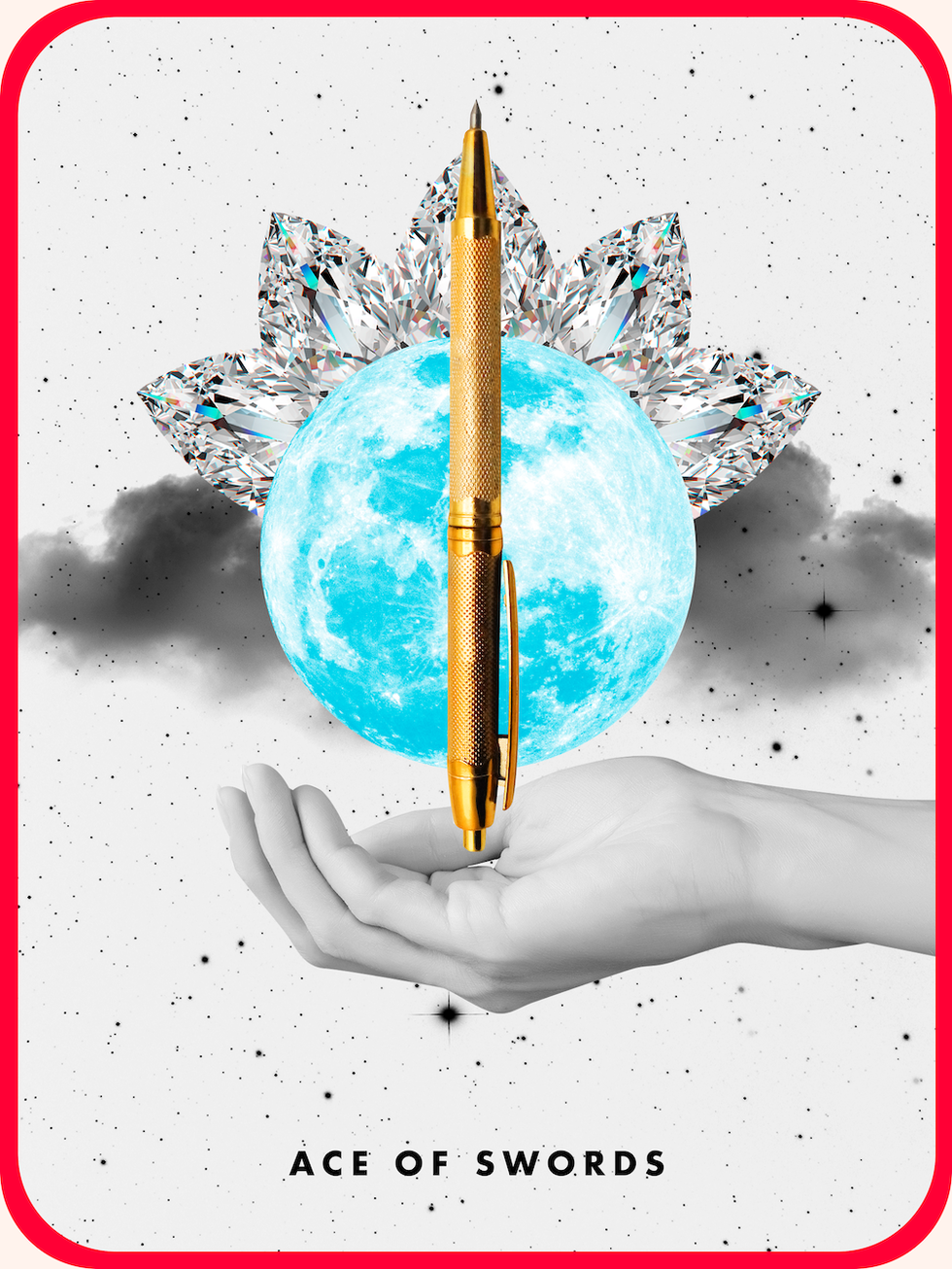 the tarot card the ace of swords, showing a hand holding up a golden pen