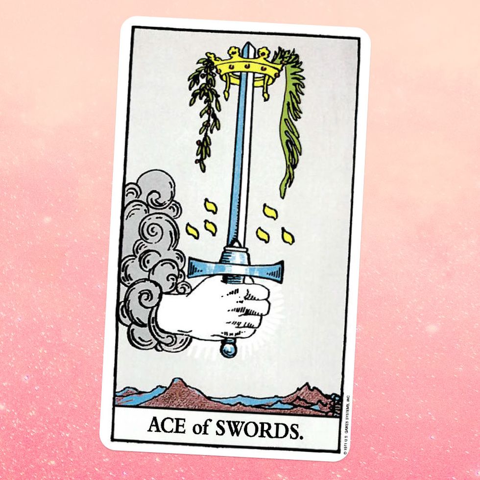 the tarot card the ace of swords, showing a hand coming out of the sky holding a giant sword