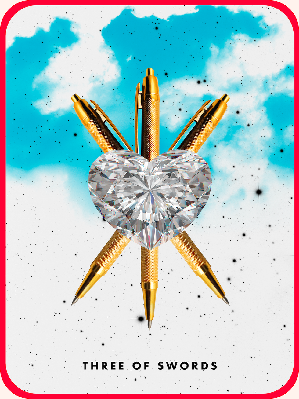 the three of swords tarot card, showing three golden pens behind a heart shaped diamond