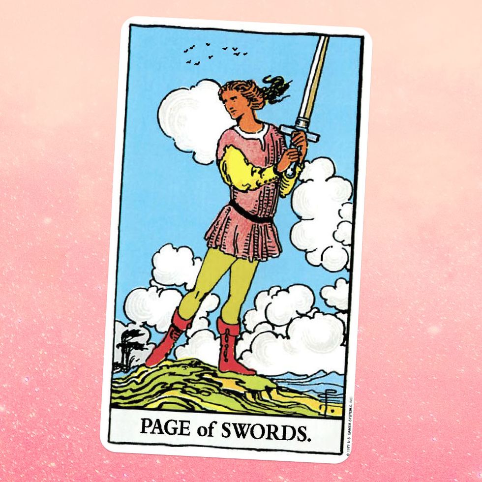 the tarot card the page of swords, showing a young person in a tunic and tights standing on the top of a hill, holding a sword