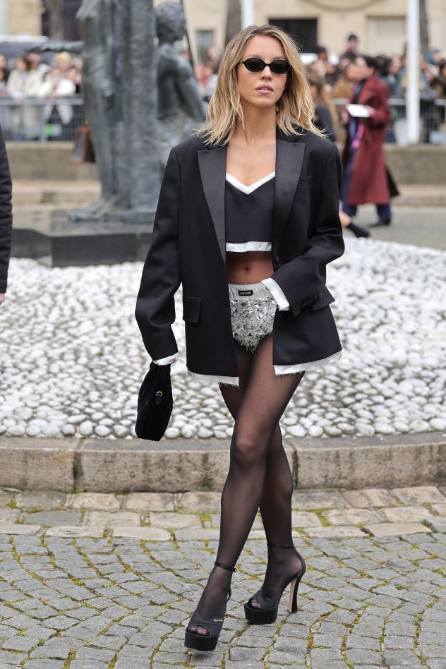 sydney sweeney wearing chunky sequin knickers at the miu miu paris fashion week womenswear fall winter 2024 2025 show