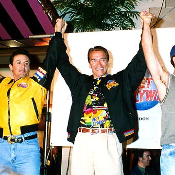 sylvester stallone, , arnold schwarzenegger and bruce willis at the grand opening of planet hollywood, london