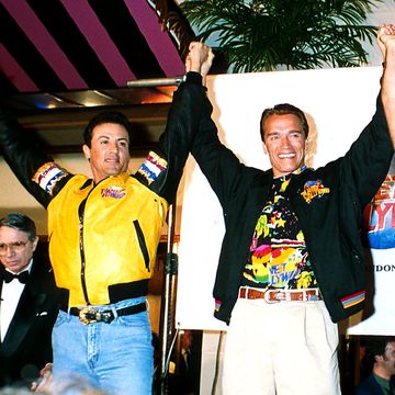 sylvester stallone, , arnold schwarzenegger and bruce willis at the grand opening of planet hollywood, london