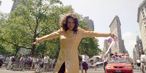 Stonewall veteran Sylvia Rivera leads the ACT-UP march past New York's Madison Square Park, June 26, 1994. The march was one of two held on Sunday to commemorate the 25th anniversary of the riot at the Stonewall Inn, a Greenwich Village bar that erupted in violence during a police raid in 1969. The incident is now considered the start of the gay rights movement. Virtually every reliable account credits Sylvia, a man who prefers the feminine pronoun, with a major role in the riot. (AP Photo/Justin Sutcliffe)