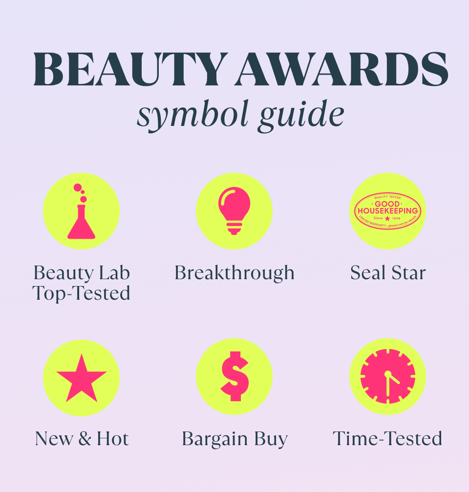 beaker symbol indicates beauty lab top tested product lightbulb symbol indicates breakthrough product good housekeeping seal indicates seal star product star symbol indicates new and hot product dollar sign indicates bargain buy product clock symbol indicates time tested product