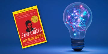 book cover of the sympathizer beside a glowing light bulb with a network design