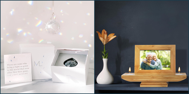 display of a crystal ornament and a decorative frame with a flower arrangement