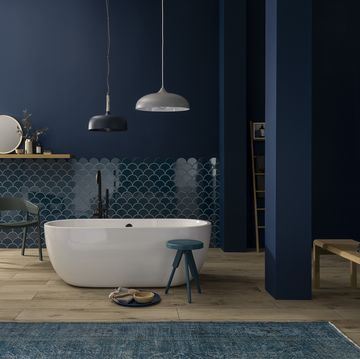 Blue, Room, Tile, Product, Interior design, Floor, Lighting, Bathroom, Furniture, Architecture, 