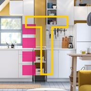 Yellow, Room, Orange, Furniture, Property, Interior design, Product, Pink, Shelf, Violet, 