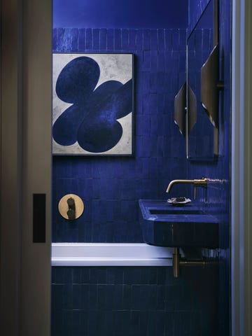 to and from lexham gardens apartment blue bathroom