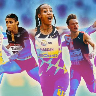 collage of five atheletes, from left to right, gidey, mclaughlin, hassan, warholm, norman