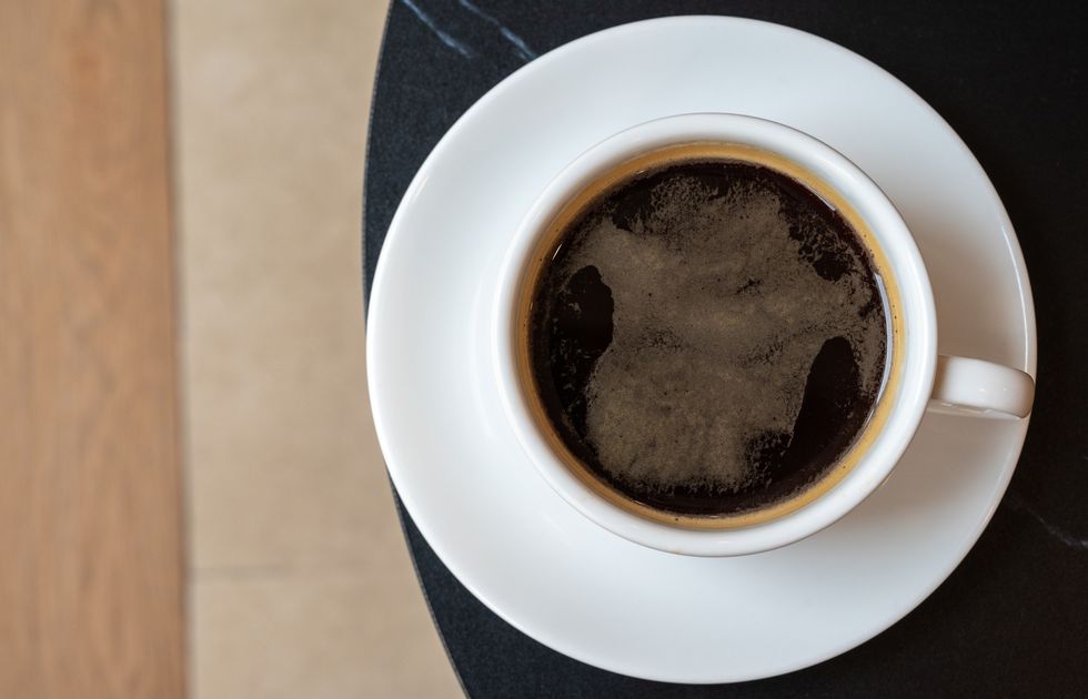 table top view of a cup of black coffee on table