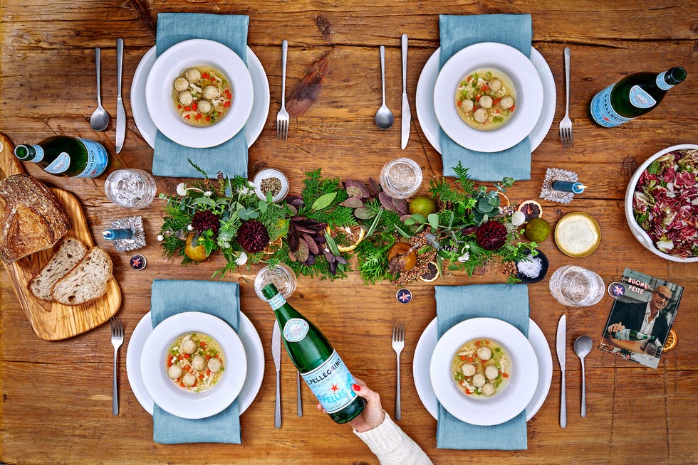 a table is filled with food