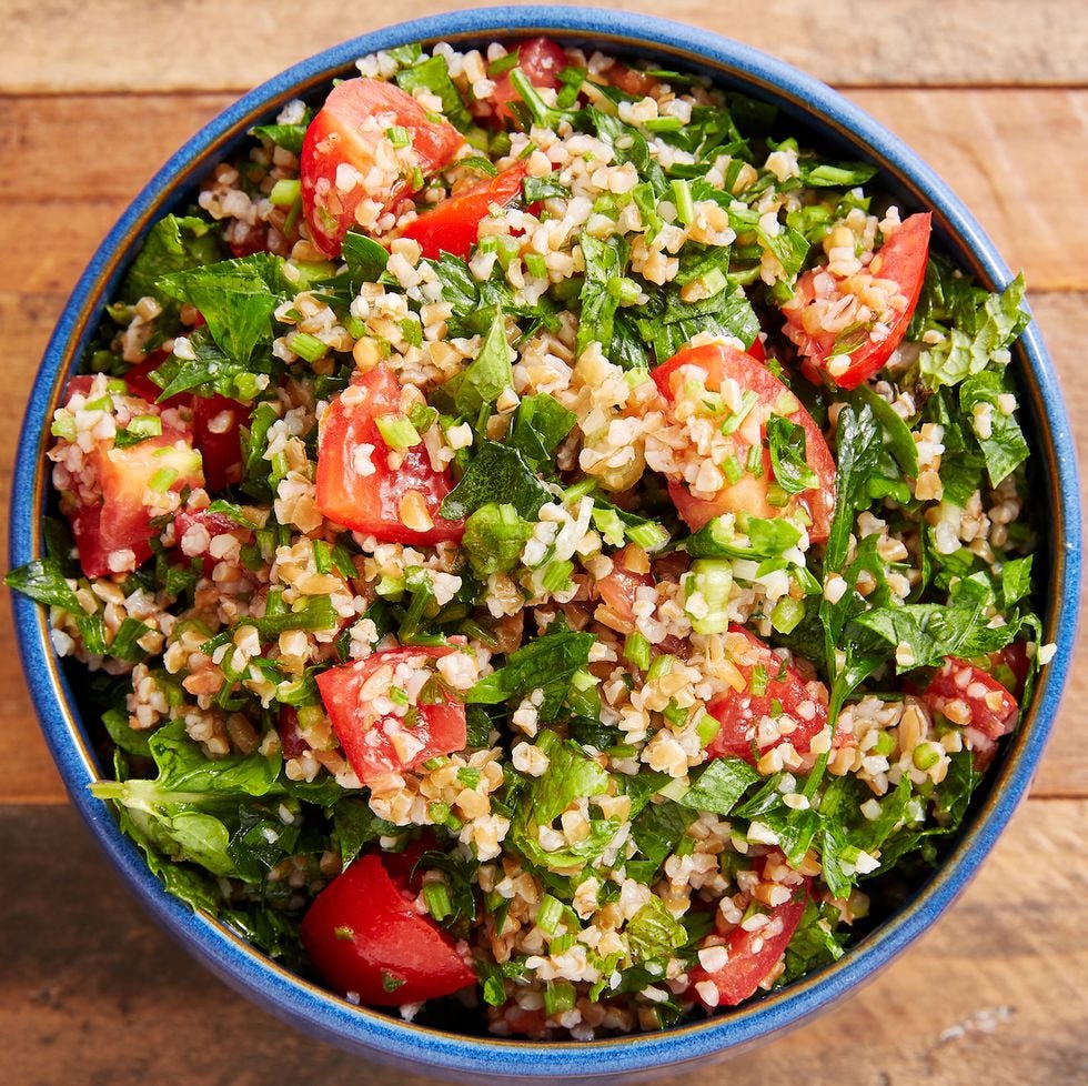 tabbouleh in a blue bowl