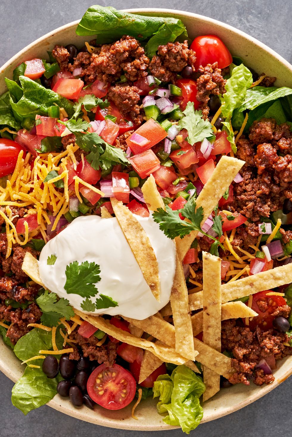 romaine salad topped with ground beef, sour cream, black beans, diced tomatoes, shredded cheese, diced red onion, fried tortilla strips, and cilantro