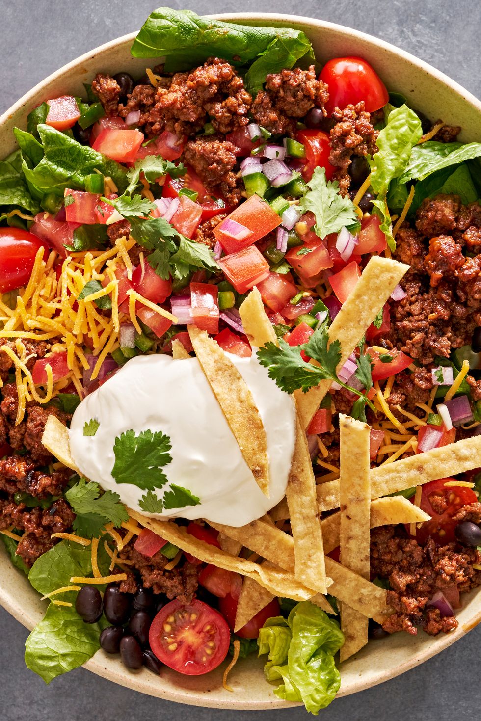 romaine salad topped with ground beef, sour cream, black beans, diced tomatoes, shredded cheese, diced red onion, fried tortilla strips, and cilantro