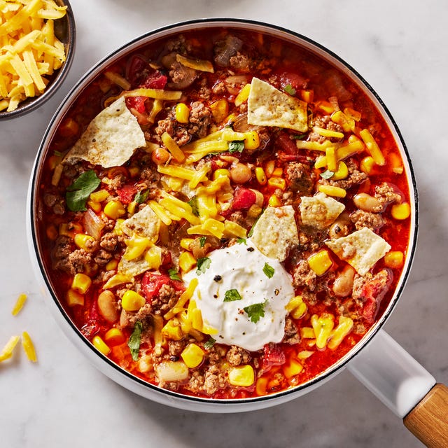 taco soup with sour cream and chips
