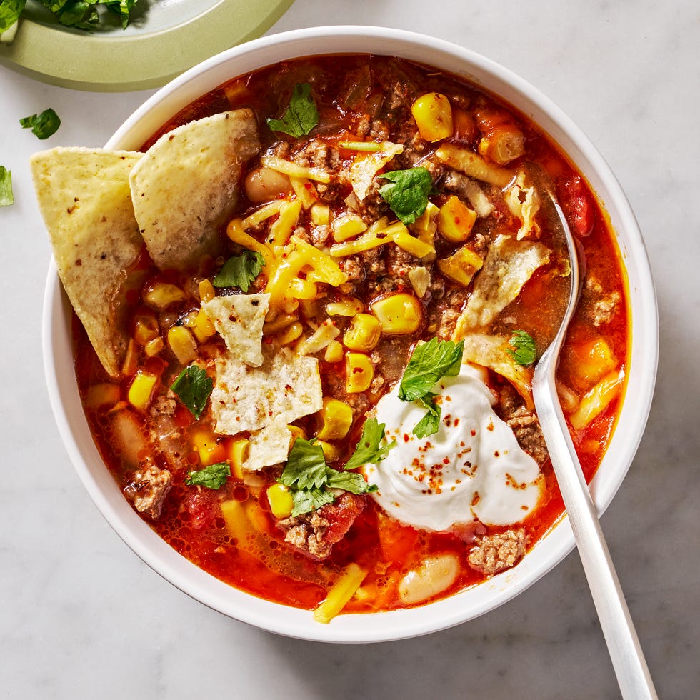 taco soup with sour cream and chips