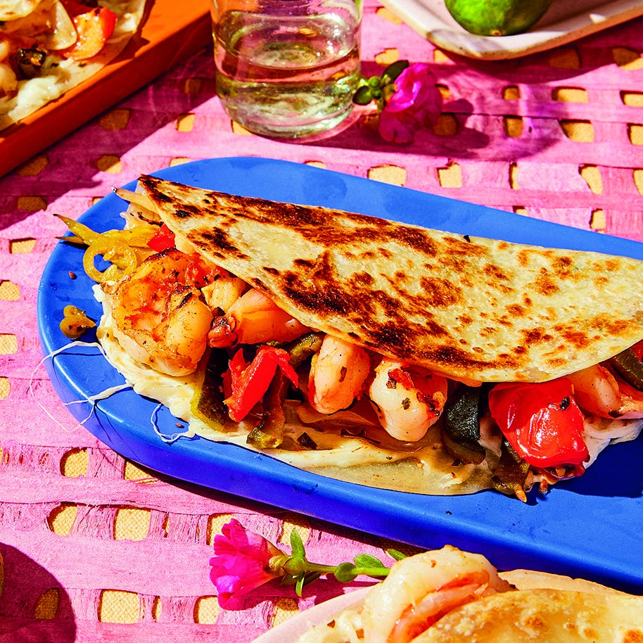 tacos gobernador with buttery shrimp