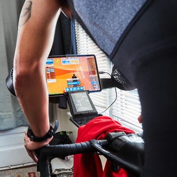 a person riding zwift on an indoor bike