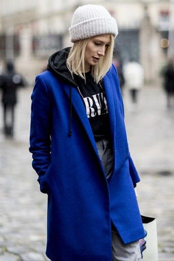 Clothing, Cobalt blue, Street fashion, Beanie, Blue, Electric blue, Outerwear, Fashion, Coat, Cap, 