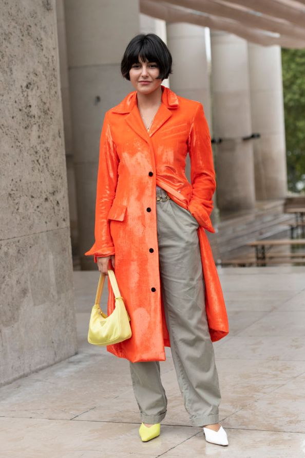 Clothing, Trench coat, Orange, Coat, Street fashion, Overcoat, Outerwear, Fashion, Jacket, Raincoat, 