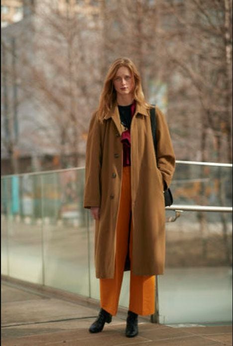 Clothing, Outerwear, Street fashion, Coat, Overcoat, Fashion, Brown, Trench coat, Footwear, Duster, 
