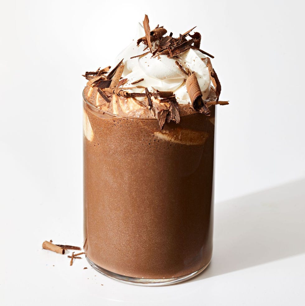 tahini chocolate shake with chocolate shavings on top