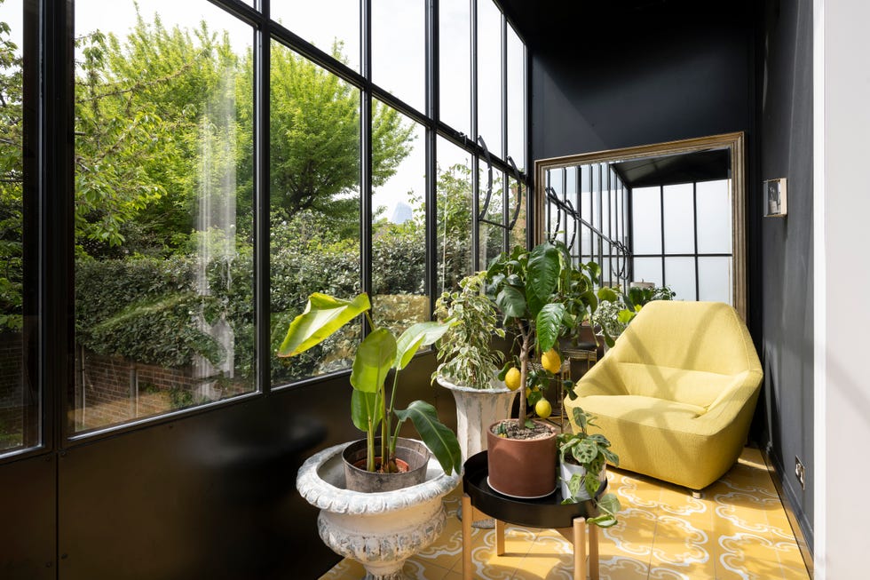 a black modern conservatory with Crittal style glazing overlooking the garden