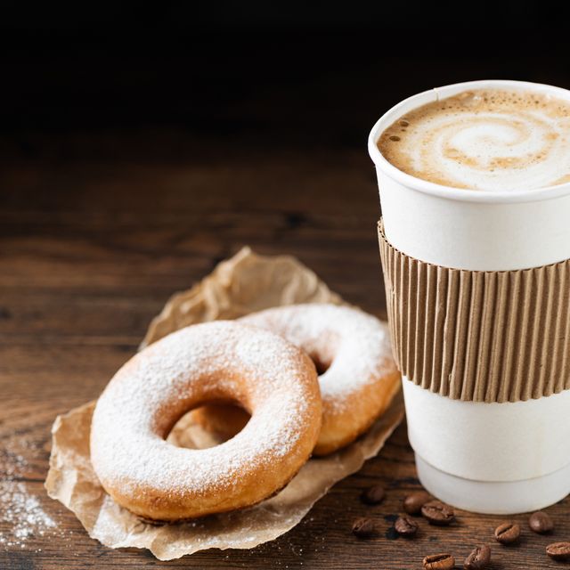 takeaway coffee cup and donuts