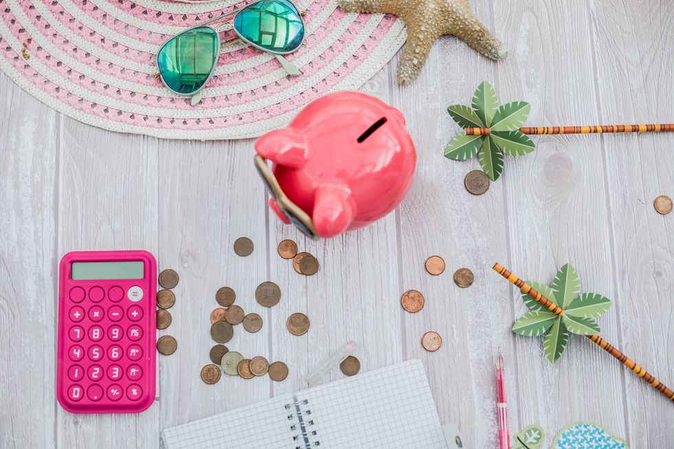 piggy bank, coins and calculator