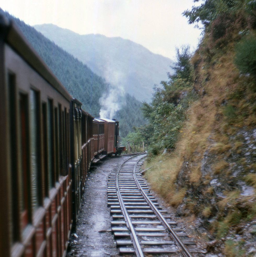 view of train from rear carriage, steam locomotive with smoke, glistening rails, steep embankment, mountain in background, forest,