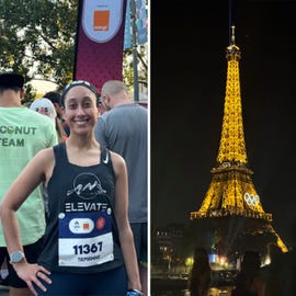 a woman before a running race next to a photo of the eifel tower