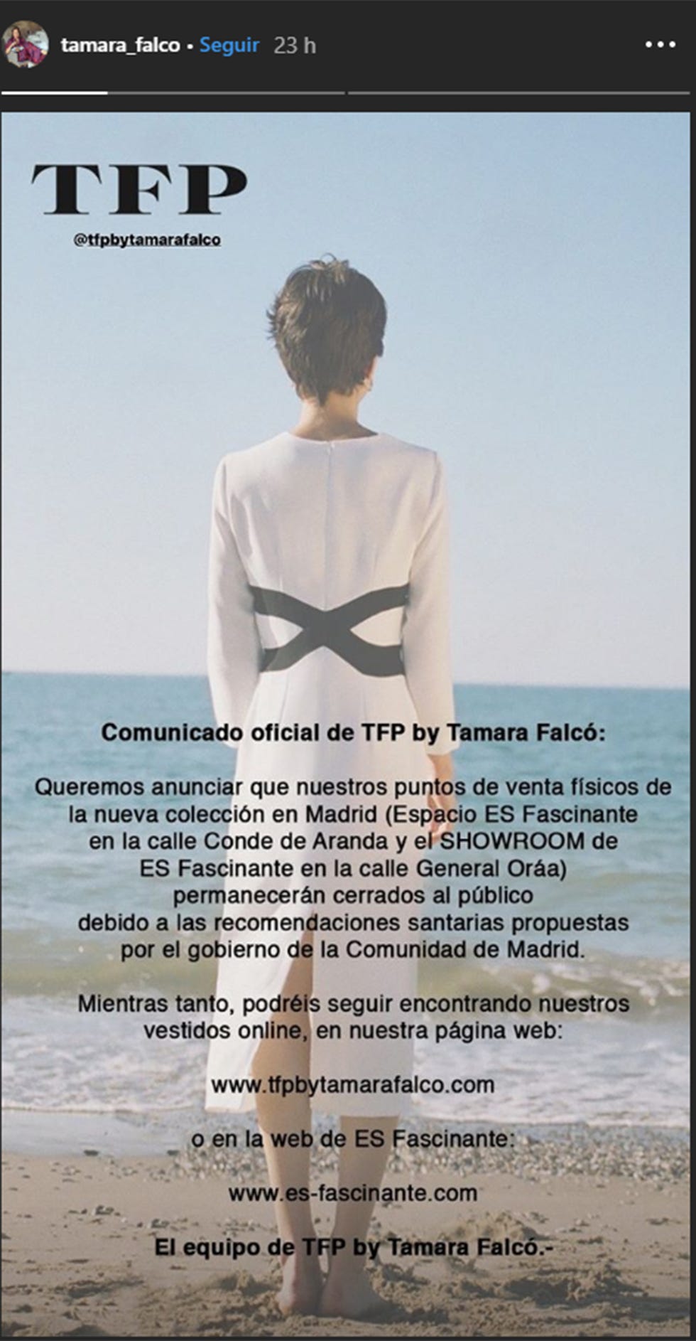 Comunicado de TFP by Tamara Falcó ante el coronavirus